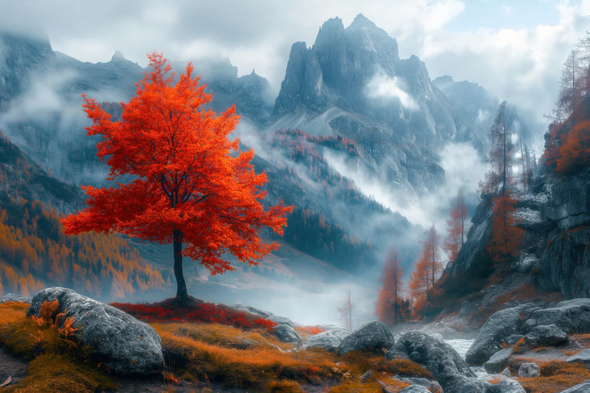 עץ אדום בנוף דרמטי